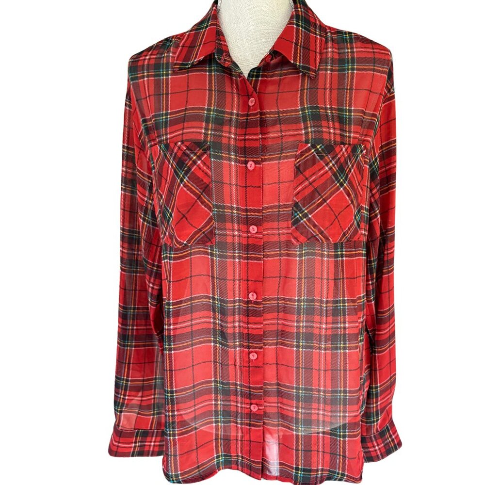 Decree Red Plaid Button Up Shirt Size Large Lightweight Academia Long Sleeve Top